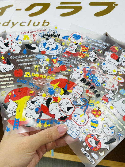 Apple Meow Embossed Stickers Set--4 Sheets⭐ - WOWO STUDIO